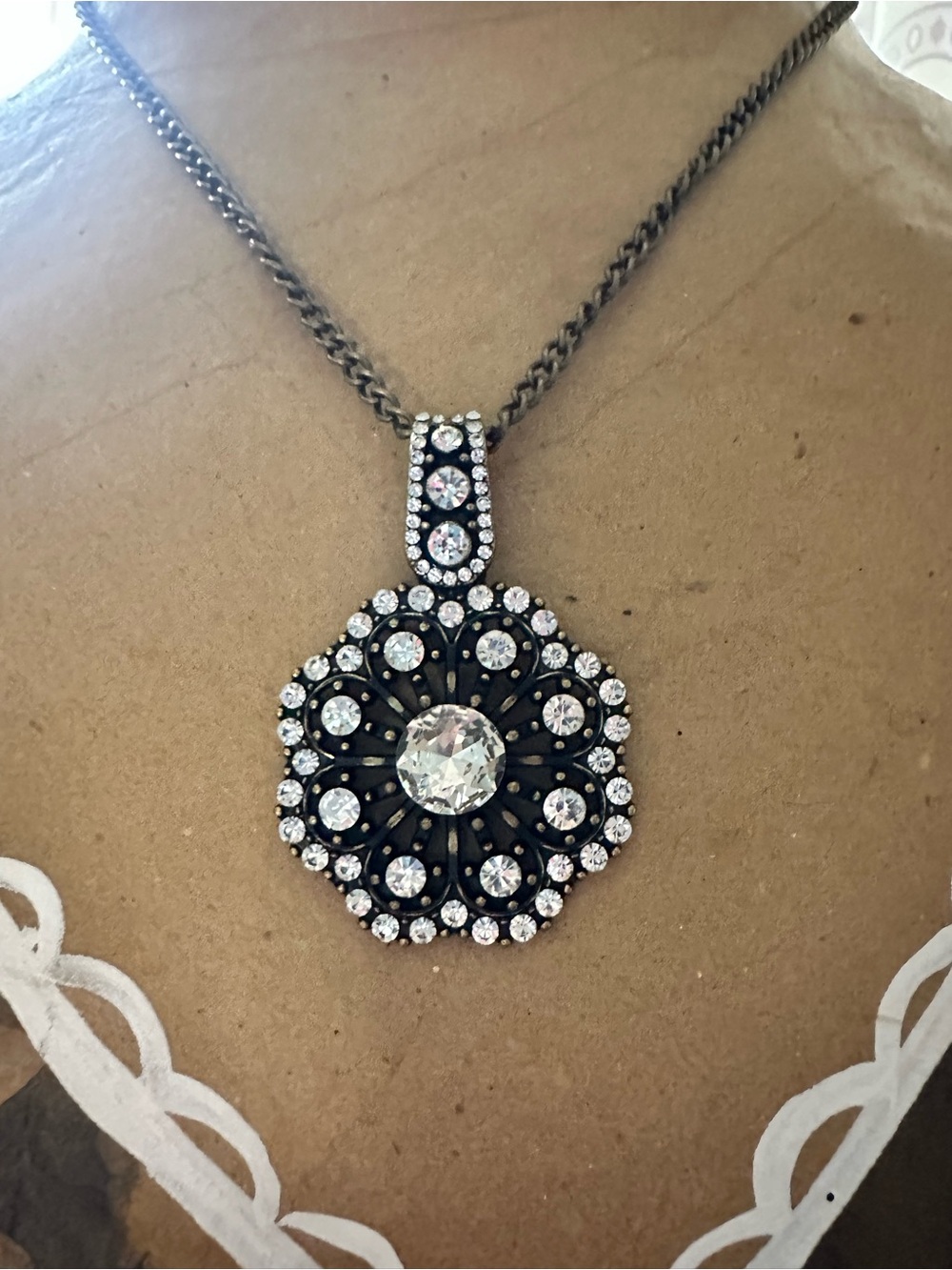 Source Unknown Black Pendant Necklace with Clear Crystals